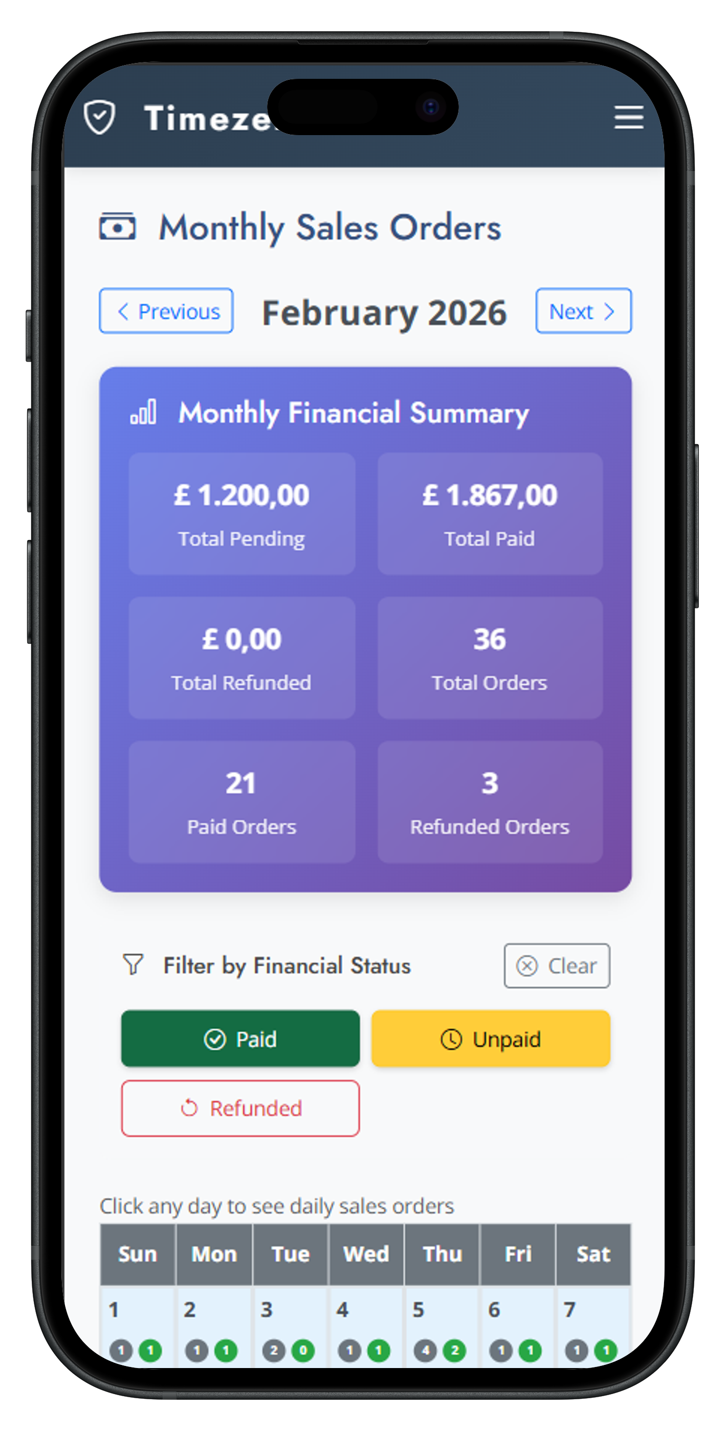 Calendar view in Timezer with organized and color-coded appointments