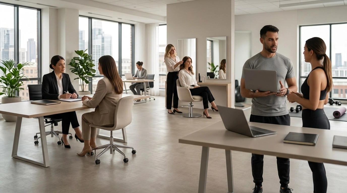 Profissionais atendendo clientes em ambientes premium